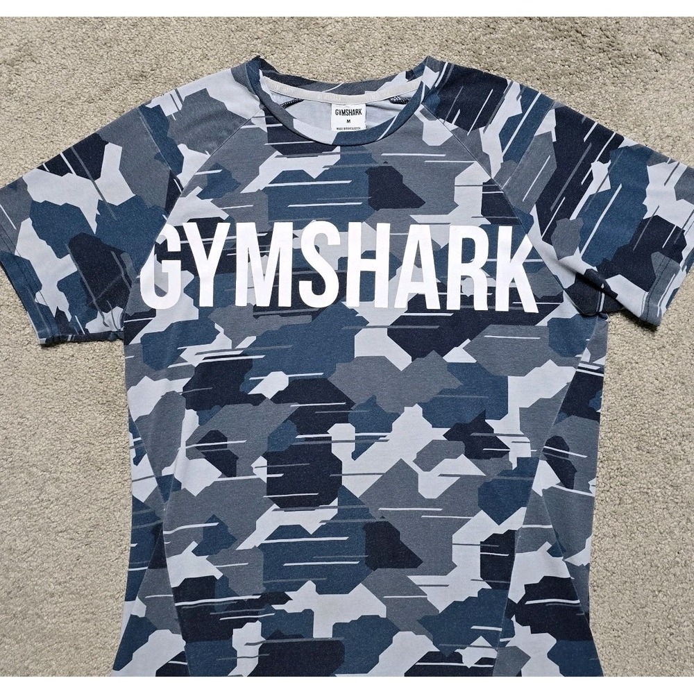 Gymshark Shirt Mens M Blue Camo Short Sleeve Athletic Tee Gym Training Spellout - Picture 3 of 12